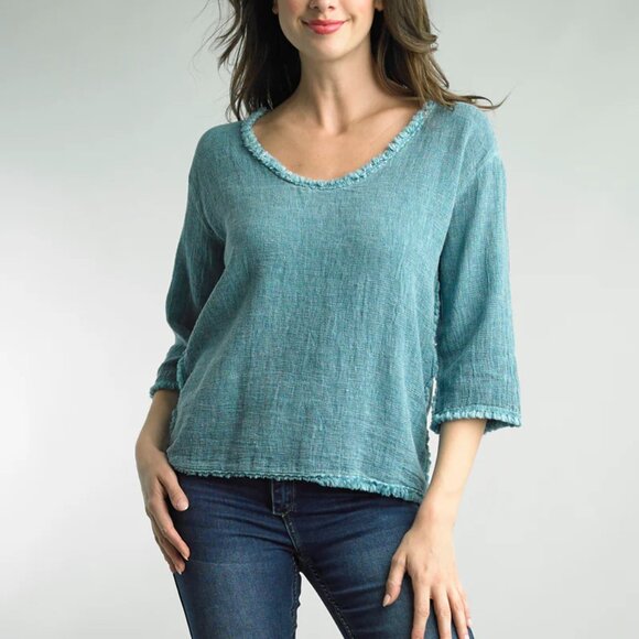 Tempo Paris Fringed Edge Linen Pullover Top M - Picture 3 of 15